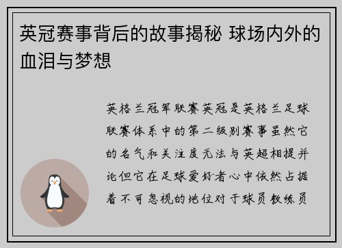 英冠赛事背后的故事揭秘 球场内外的血泪与梦想 英冠赛事背后的故事揭秘 球场内外的血泪与梦想