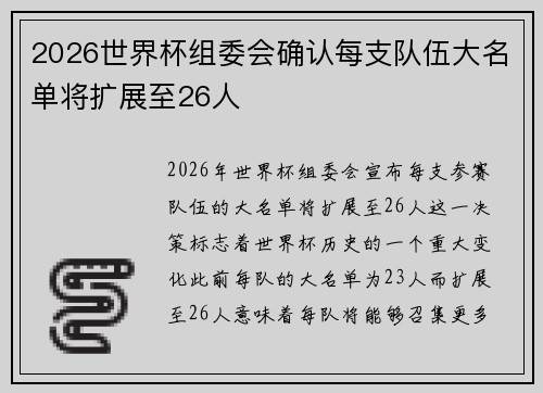 2026世界杯组委会确认每支队伍大名单将扩展至26人